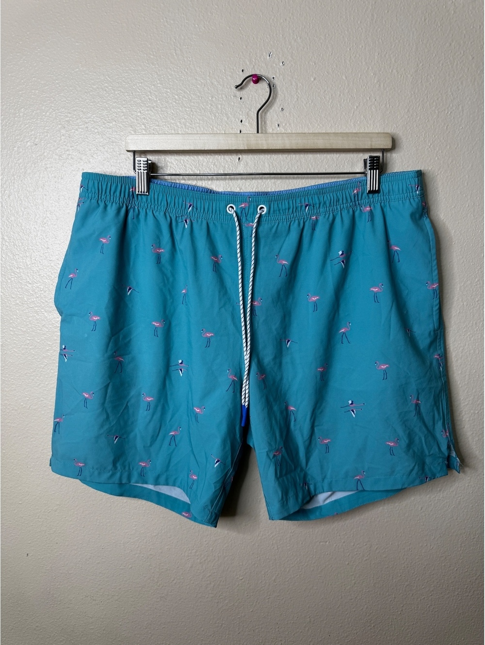 Bonobos Mens XL 7" Swim Trunks Teal Flamingo Print Drawstring Recycled Stretch